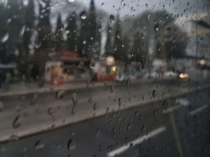 A reflective window, rainy day